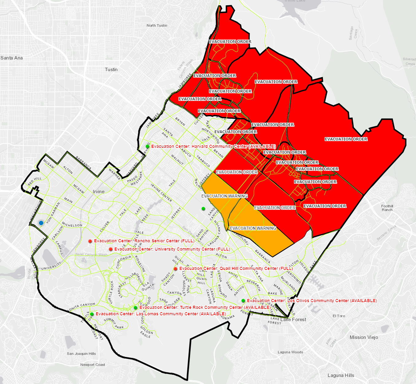 Map of October 2020, Orange County Wildfire Evacuations