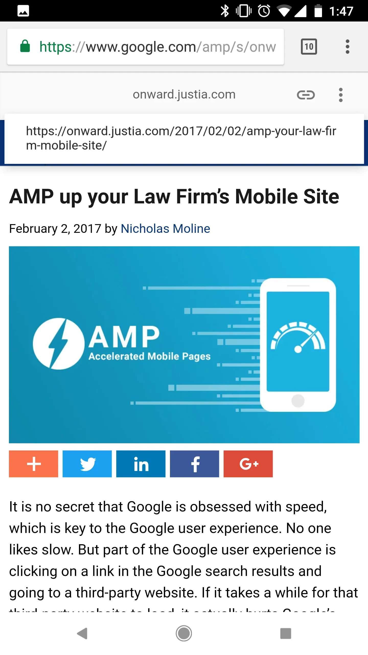 AMP Rendered page showing Google URL