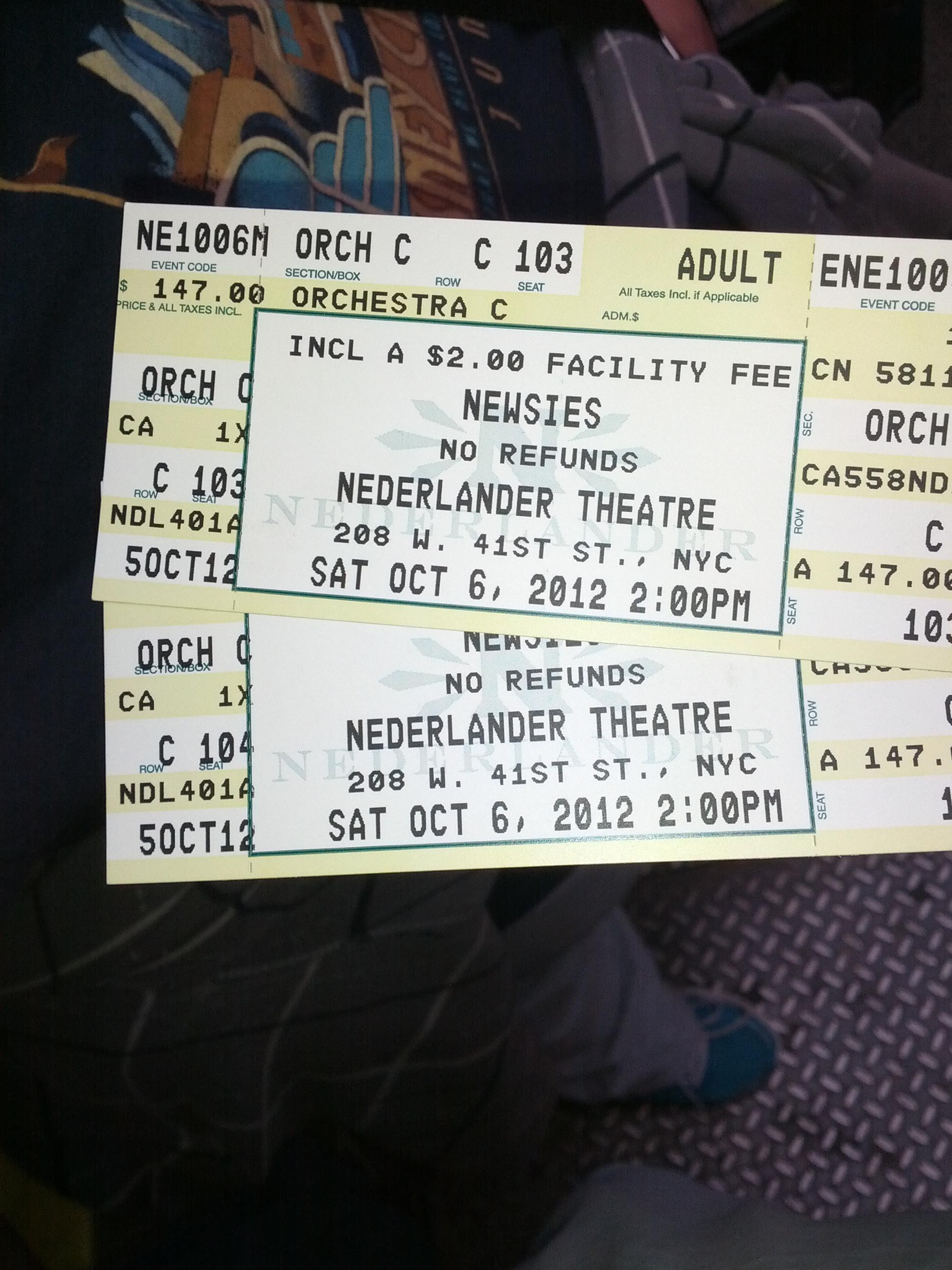Tickets to see Newsies on Broadway on October 6, 2012