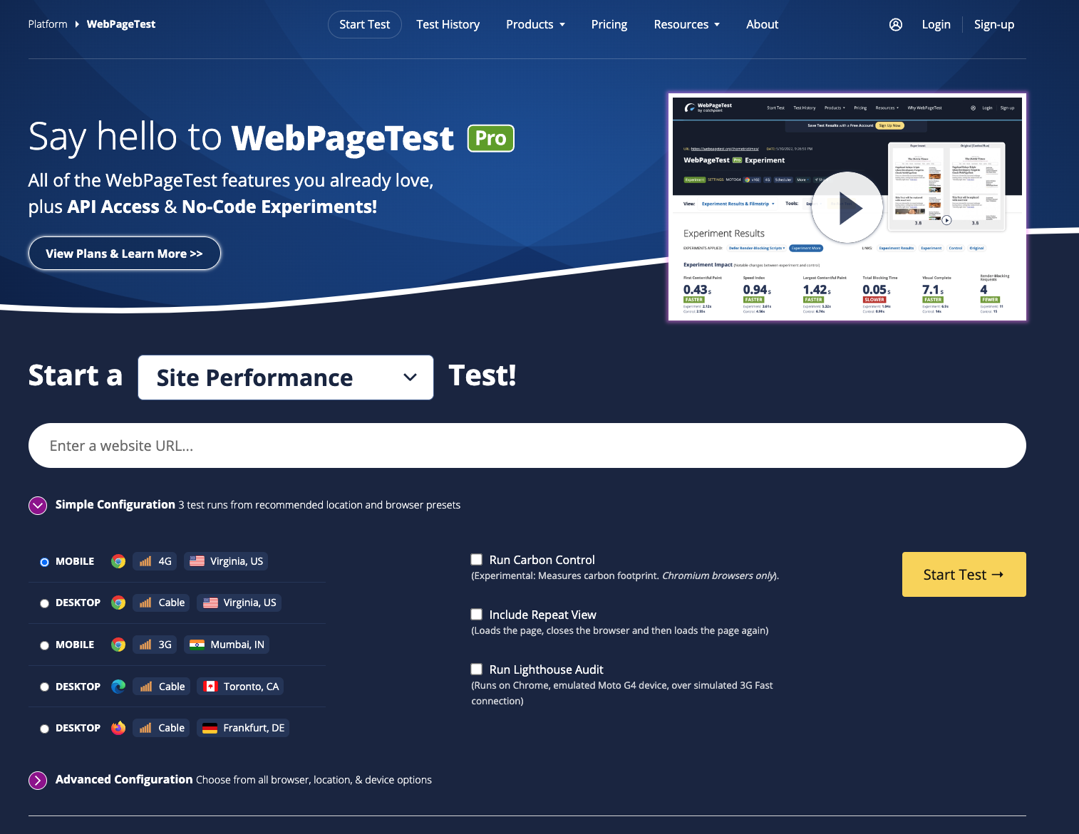 Screenshot of WebPageTest.org